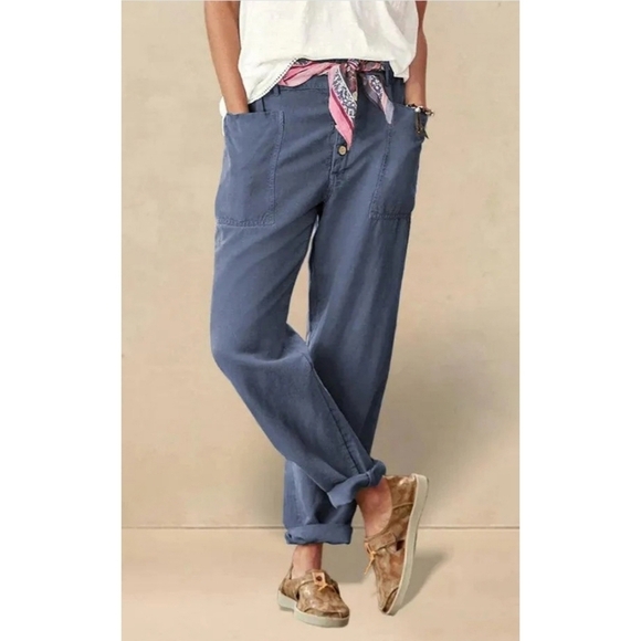 Lintco Linen Simple Button Fly Lagenlook Trousers HEIDI Dusty Blue - Picture 8 of 8